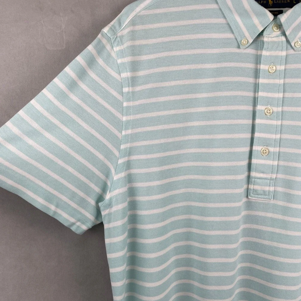 Ralph Lauren Knit Oxford Polo Button Shirt Men L Green Striped Cotton Preppy EUC
